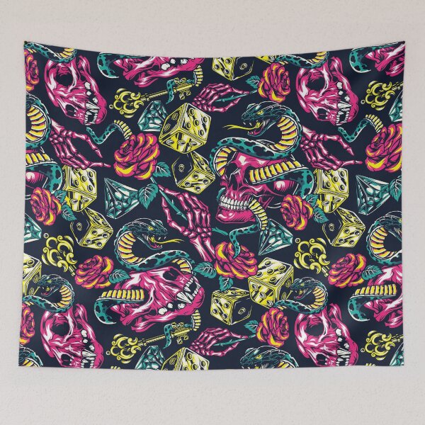 Item preview, Pink Retro Skull Snake Dog Rose Yellow Key Dice Blue Diamond Tattoo Pattern designed and sold by RetroSkullArt.