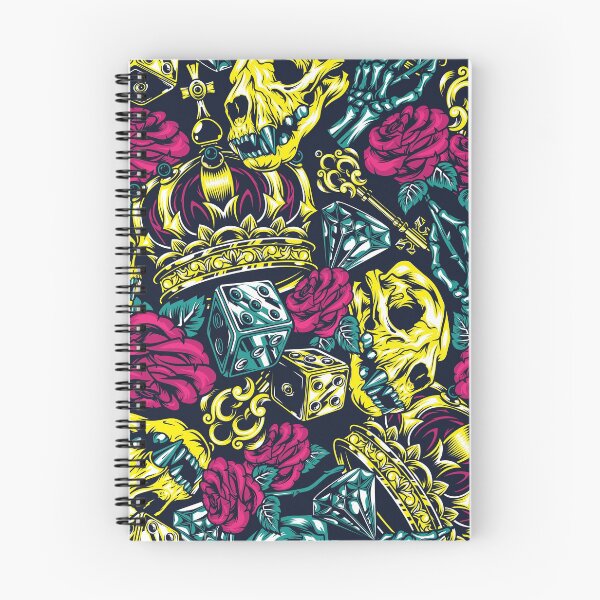 Item preview, Yellow Retro Skull Red Rose Gold Crown Key Blue Diamond Dice Tattoo Pattern designed and sold by RetroSkullArt.