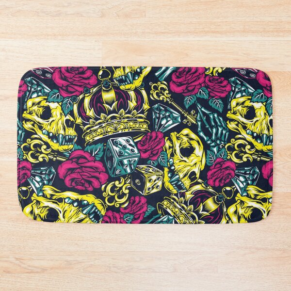 Item preview, Yellow Retro Skull Red Rose Gold Crown Key Blue Diamond Dice Tattoo Pattern designed and sold by RetroSkullArt.