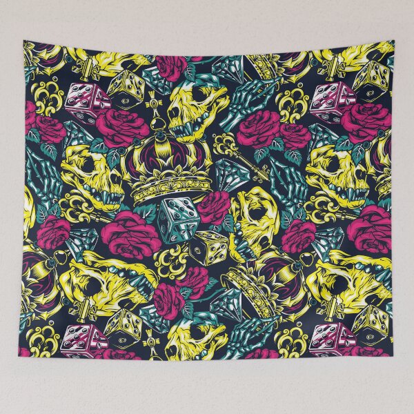 Item preview, Yellow Retro Skull Red Rose Gold Crown Key Blue Diamond Dice Tattoo Pattern designed and sold by RetroSkullArt.