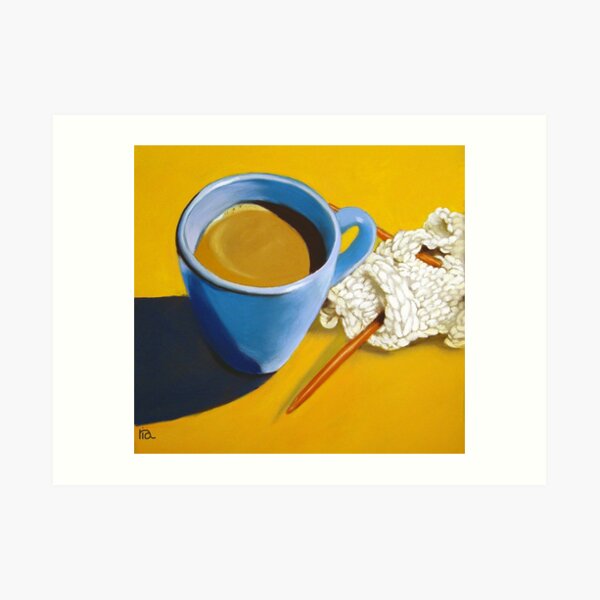 coffee and knitting original art Art Print