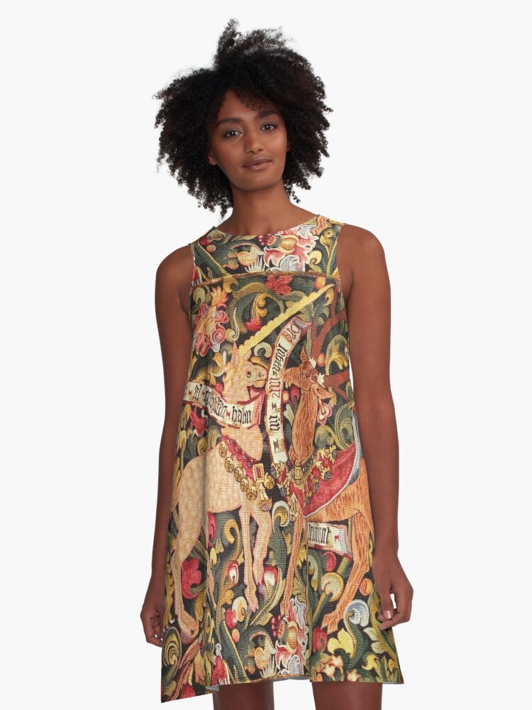 Medieval Unicorn Floral Tapestry A-Line Dress for Sale by