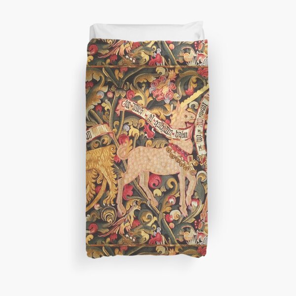 UNICORN;DRAGON,LION,STAG AND OTHER ANIMALS Floral Medieval Tapestry Duvet Cover