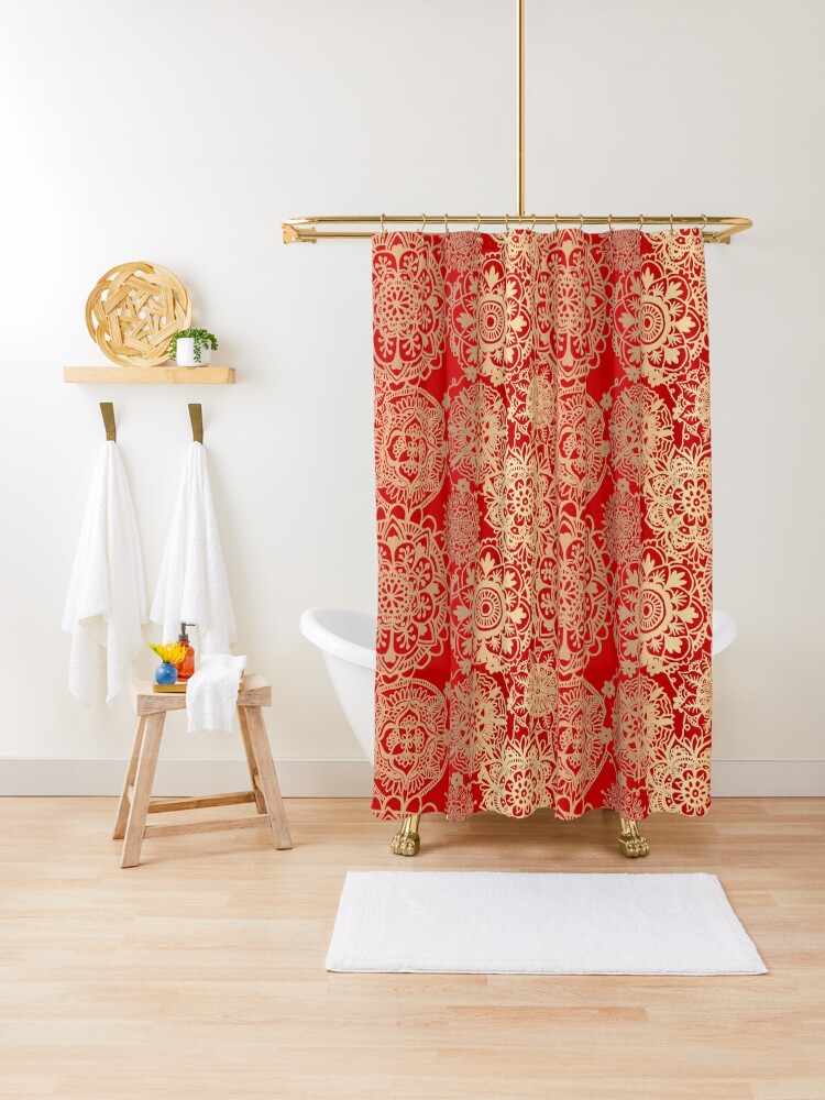 Thumbnail 1 of 5, Shower Curtain, Red and Gold Mandala Pattern designed and sold by julieerindesign.
