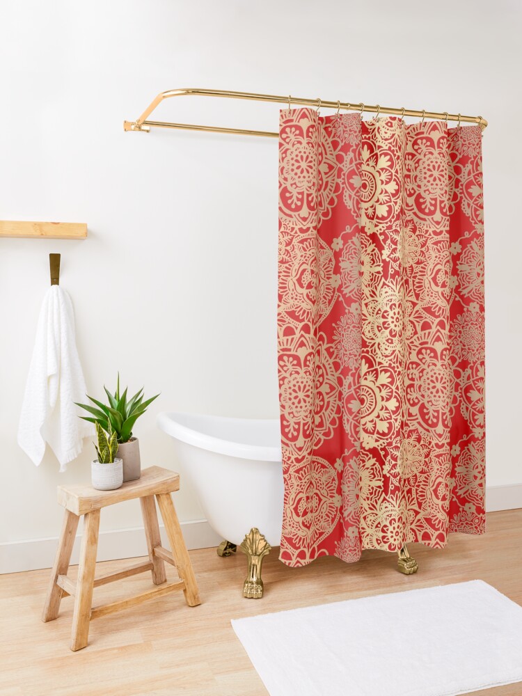 Thumbnail 3 of 5, Shower Curtain, Red and Gold Mandala Pattern designed and sold by julieerindesign.