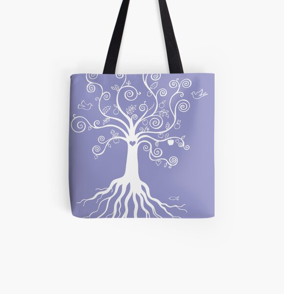 Tree of Life - white on pale blue by Cecca Designs All Over Print Tote Bag