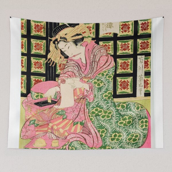 Item preview, Kikukawa Eizan - The Courtesan Hanazome of the Ogiya reading a letter and grinding ink designed and sold by Hangastudio.