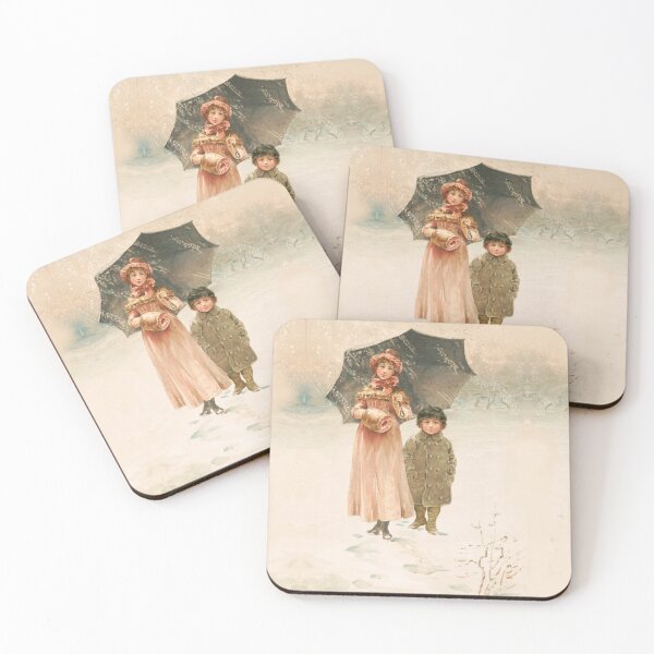 Item preview, CHILDREN IN A SNOWY WINTER DAY WITH UMBRELLA  IN PINK HUES designed and sold by BulganLumini.