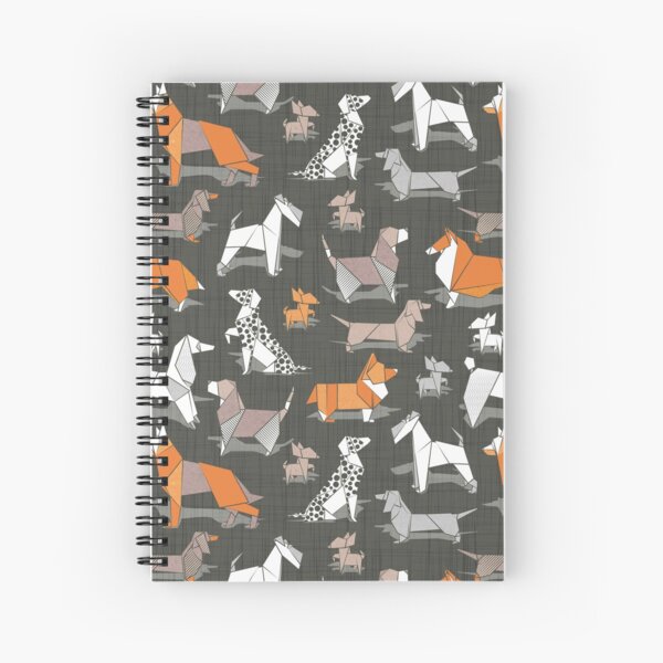 Origami doggie friends // small scale // brown linen texture background paper Chihuahuas Dachshunds Corgis Beagles German Shepherds Collies Poodles Terriers Dalmatians Spiral Notebook