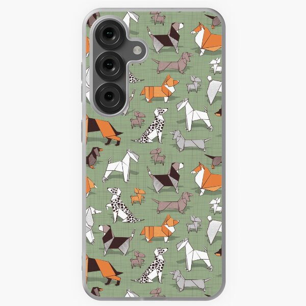 Item preview, Origami doggie friends // sage green linen texture background paper Chihuahuas Dachshunds Corgis Beagles German Shepherds Collies Poodles Terriers Dalmatians designed and sold by SelmaCardoso.