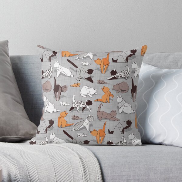 Origami kitten friends // grey linen texture background paper cats Throw Pillow