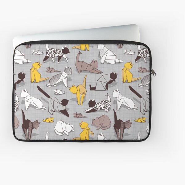 Origami kitten friends // grey linen texture background with sunglow yellow paper cats Laptop Sleeve