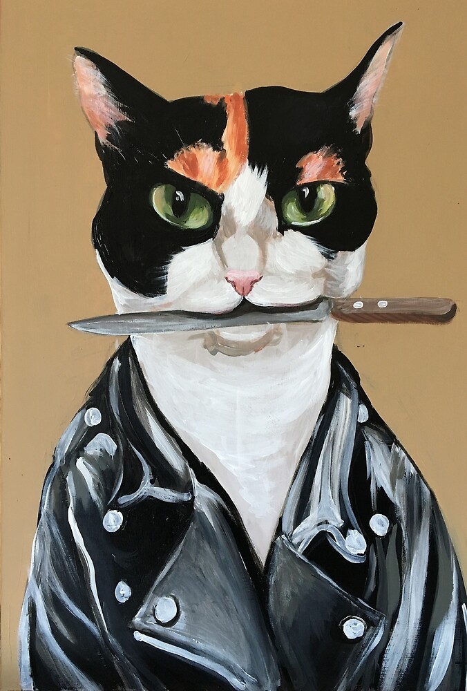 "Hard cat in leather jacket with knife in mouth" by ElGatoPainter