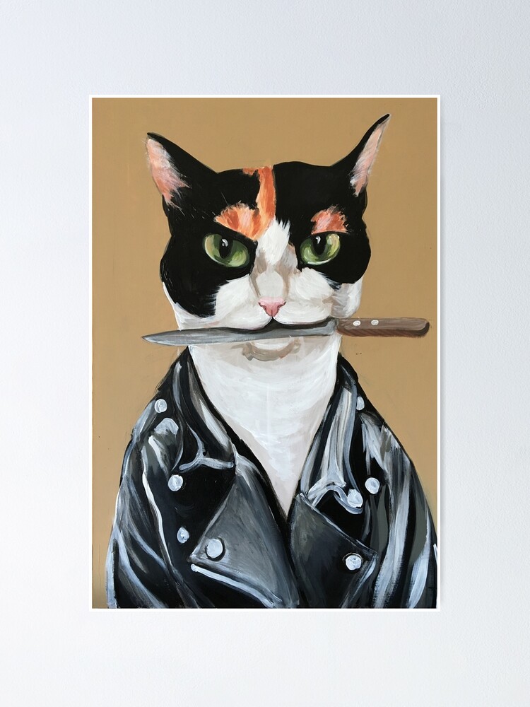 Hard cat in leather jacket with knife 