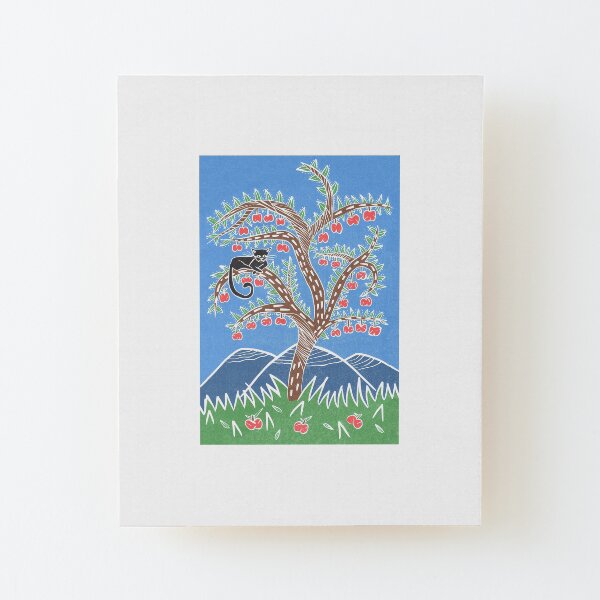 Happy Cat Sitting On Apple Tree Wood Mounted Print
