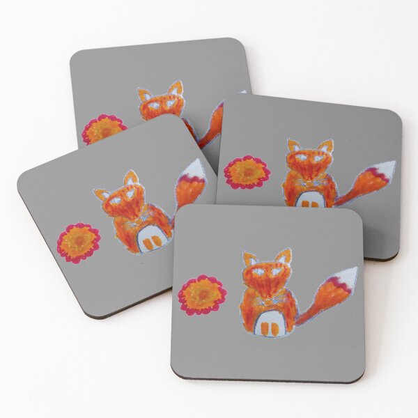 Orange Fox and Flower Bloom Coasters (Set of 4)