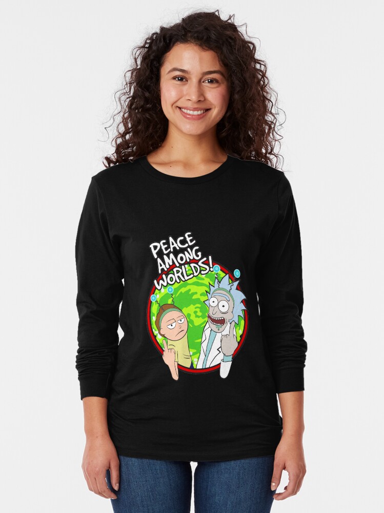 Alternate view of Peace Among Worlds Rick and Morty Funny Flipping Middle Finger shirt Fan Gift Long Sleeve T-Shirt