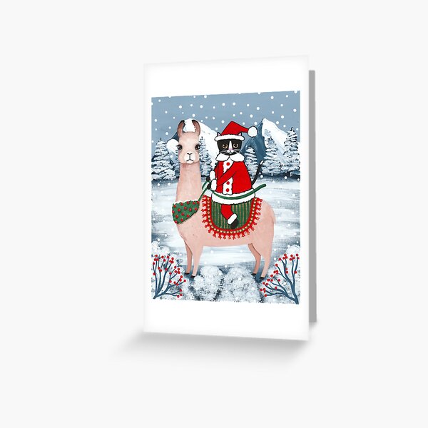 Santa Claws Cat and Llama Greeting Card