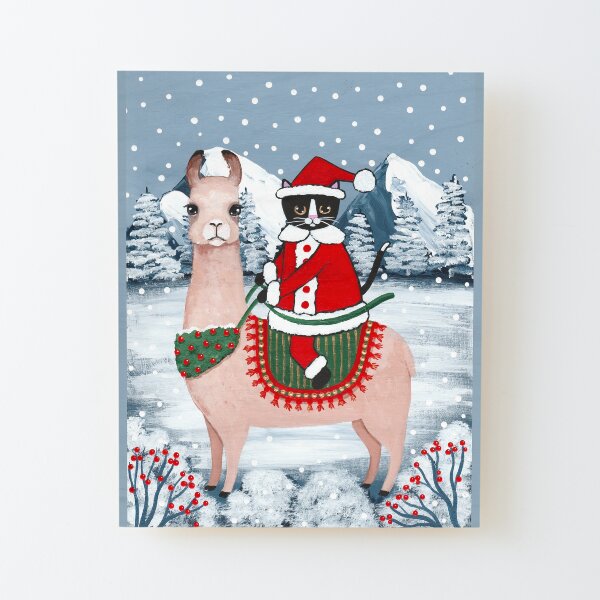 Santa Claws Cat and Llama Wood Mounted Print