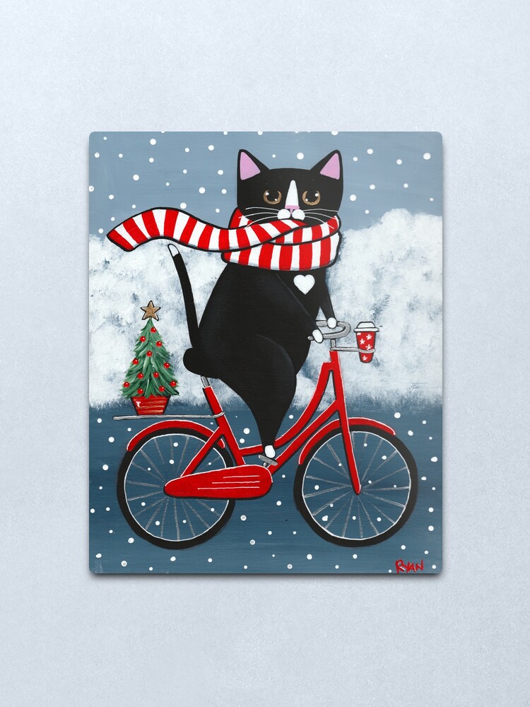 Alternate view of Tuxedo Cat Winter Bicycle Ride Metal Print