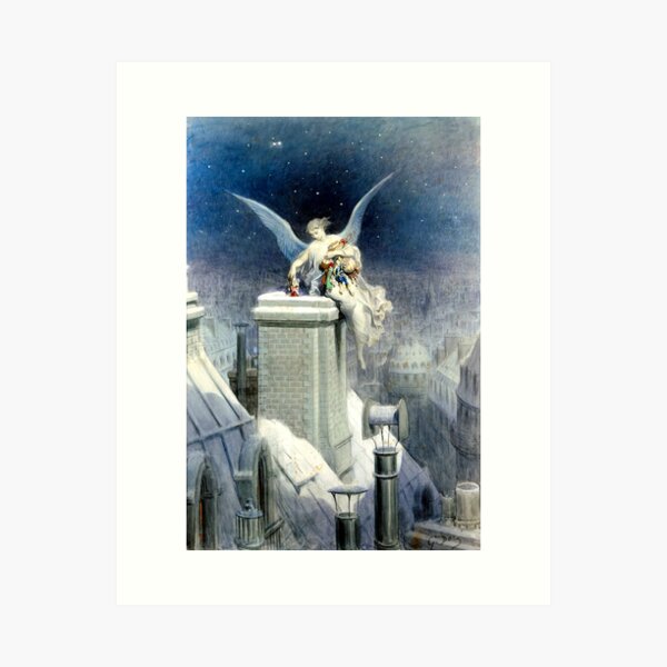 Item preview, Christmas Eve - Gustave Dore Angel on snowy chimney designed and sold by forgottenbeauty.