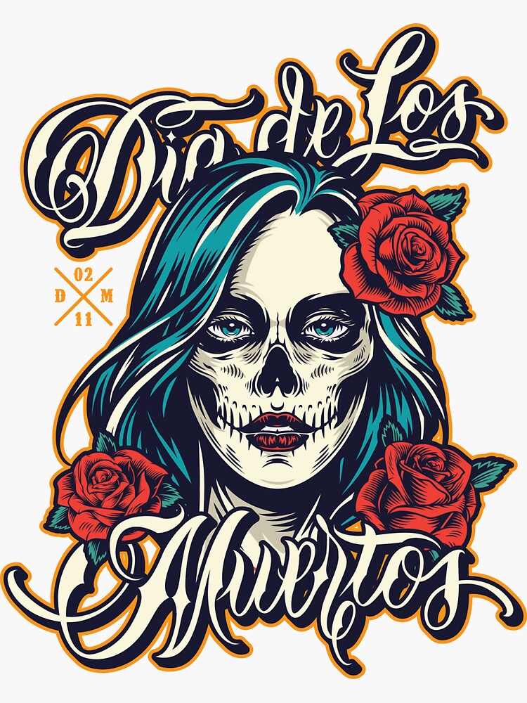 Retro Skull Dia De Los Muertos Blue Hair Roses | Sticker