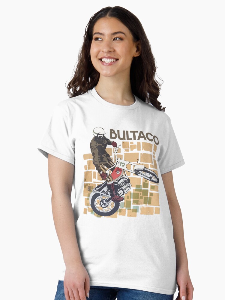 Thumbnail 2 of 7, Classic T-Shirt, Bultaco Moto Rider Jumping In Action designed and sold by MaverickMoto.