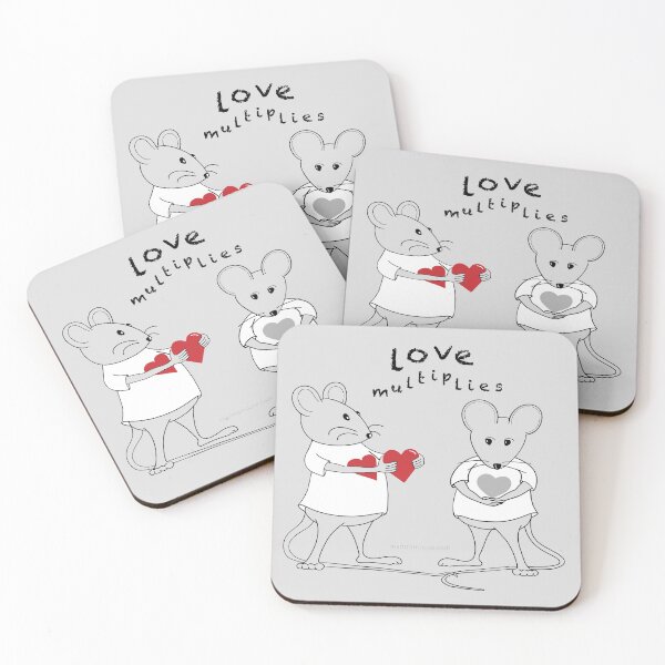 MantraMouse® Love Multiplies Cartoon in Gray Background Coasters (Set of 4)