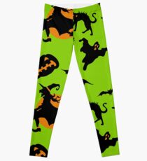 Neon green black orange halloween pumpkins cat witches pattern Leggings