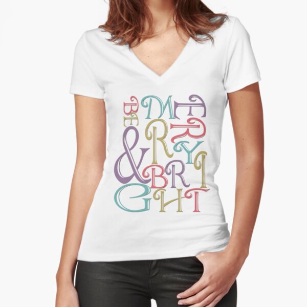 Modern Typography Merry and Bright Fitted V-Neck T-Shirt