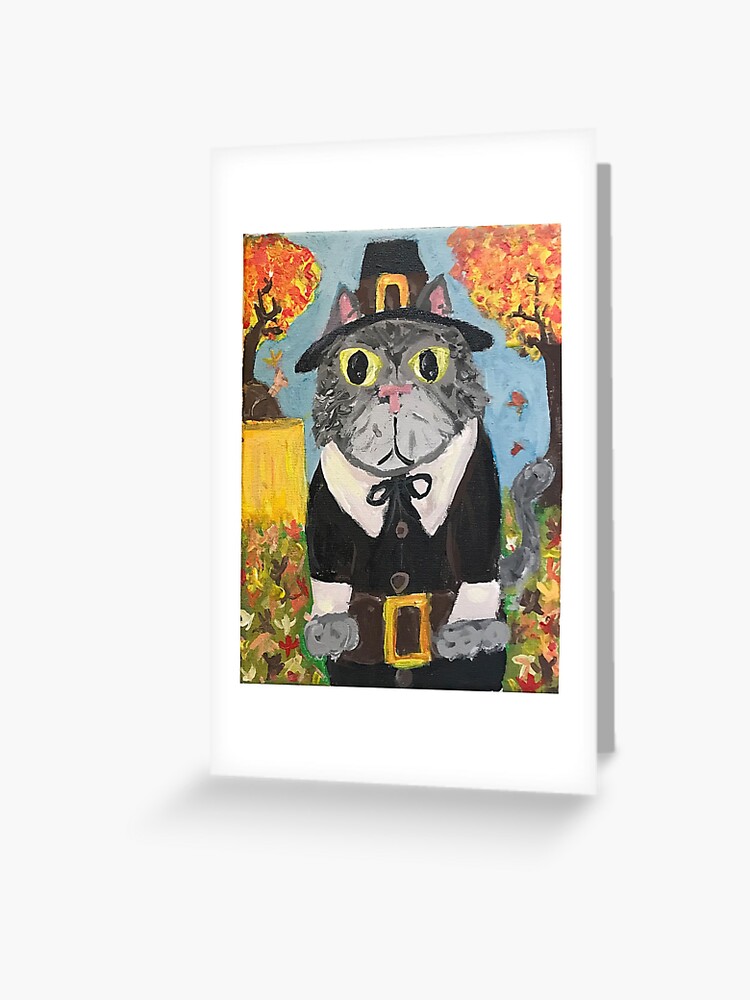 Pilgrim Cat Folk Art Thanksgiving Cat Boy Painting | Greeting Card