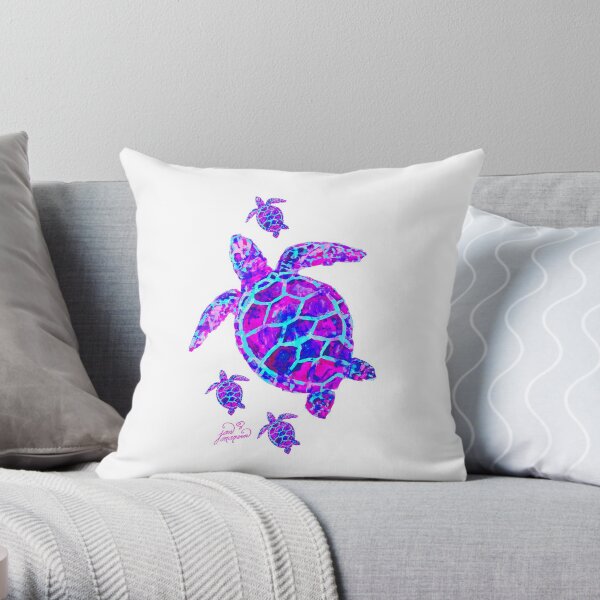 Sea Turtle with babies pink and blue Throw Pillow