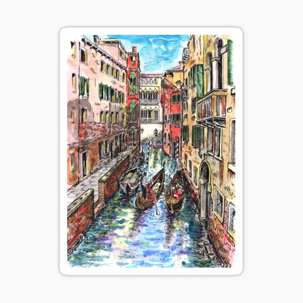 Venice gondolas | Pen and watercolor drawing. Sticker