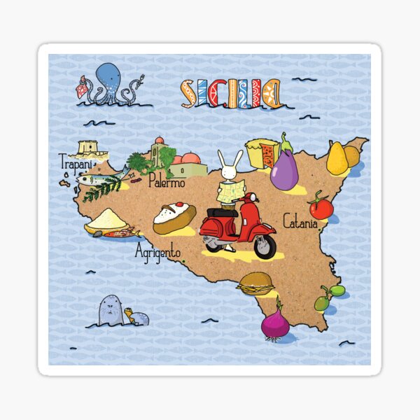 Savoury Sicily on scooter illustration with a food traveling bunny in a mediterranean weekend escapade looking for Italian food Sticker