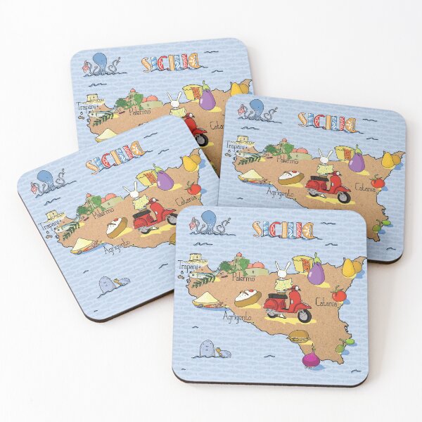 Savoury Sicily on scooter illustration with a food traveling bunny in a mediterranean weekend escapade looking for Italian food Coasters (Set of 4)