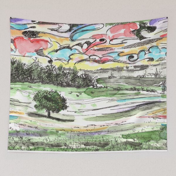 Item preview, Dordogne country, France drawing with pen and watercolor featuring an abstract sky designed and sold by fellbaum-art.