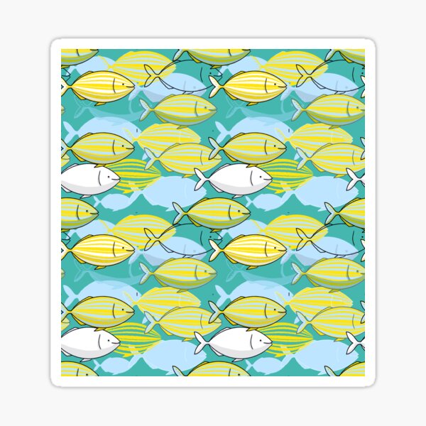 Salpa Salpa or dreamfish illustration with pattern of yellow striped fishes from the Mediterranean Sea on mint background Sticker