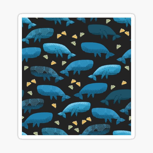 Blue whales illustration with pattern of whales and yellow seashells on black background Sticker