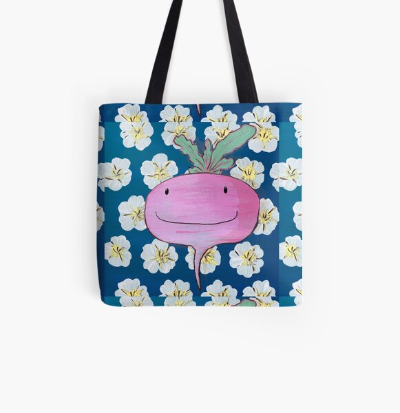 You're so rad(ish)! - Smiling radish illustration print with a happy homegrown vegetable on white poppies on blue background All Over Print Tote Bag