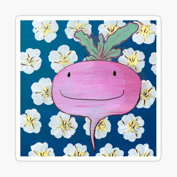 You're so rad(ish)! - Smiling radish illustration print with a happy homegrown vegetable on white poppies on blue background Sticker