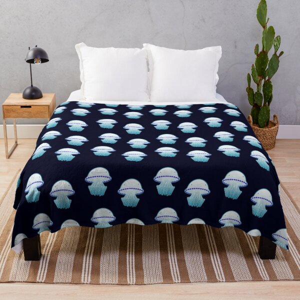 Item preview, Rhizoma Pulmo neon jellyfish illustration with pattern of jellyfishes on dark blue background designed and sold by tostoini.