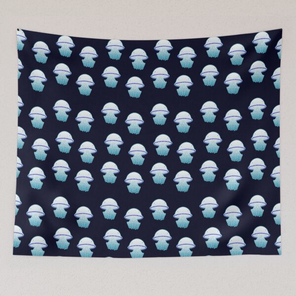 Item preview, Rhizoma Pulmo neon jellyfish illustration with pattern of jellyfishes on dark blue background designed and sold by tostoini.