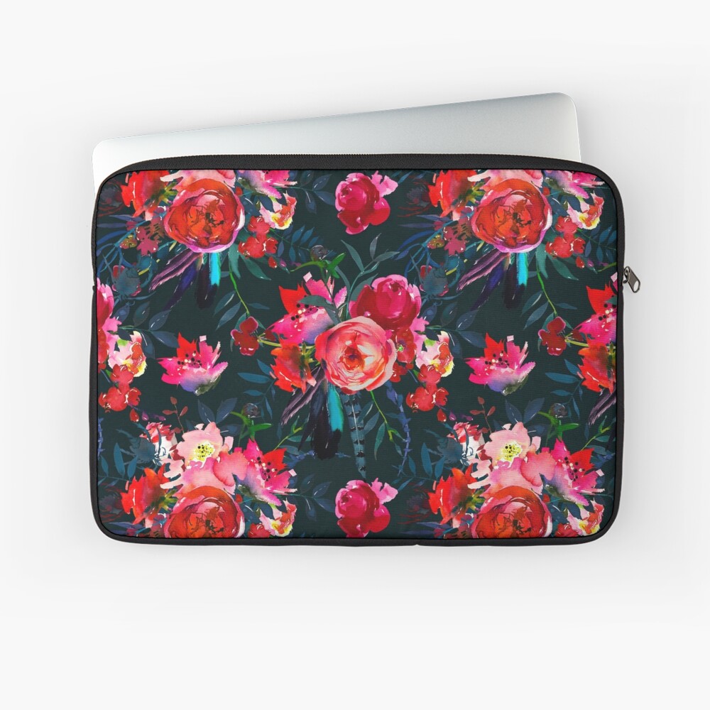 Neon pink fuschia black watercolor modern floral Laptop Sleeve