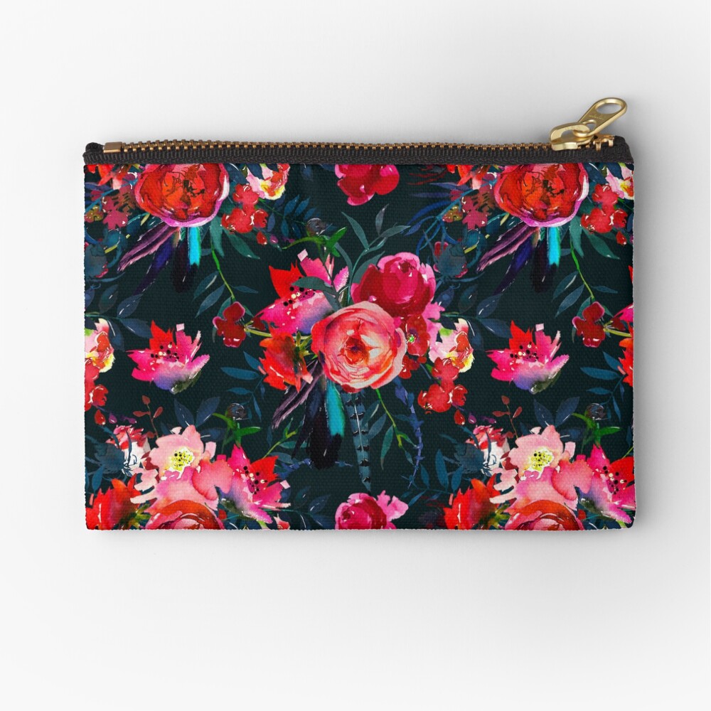 Neon pink fuschia black watercolor modern floral Zipper Pouch