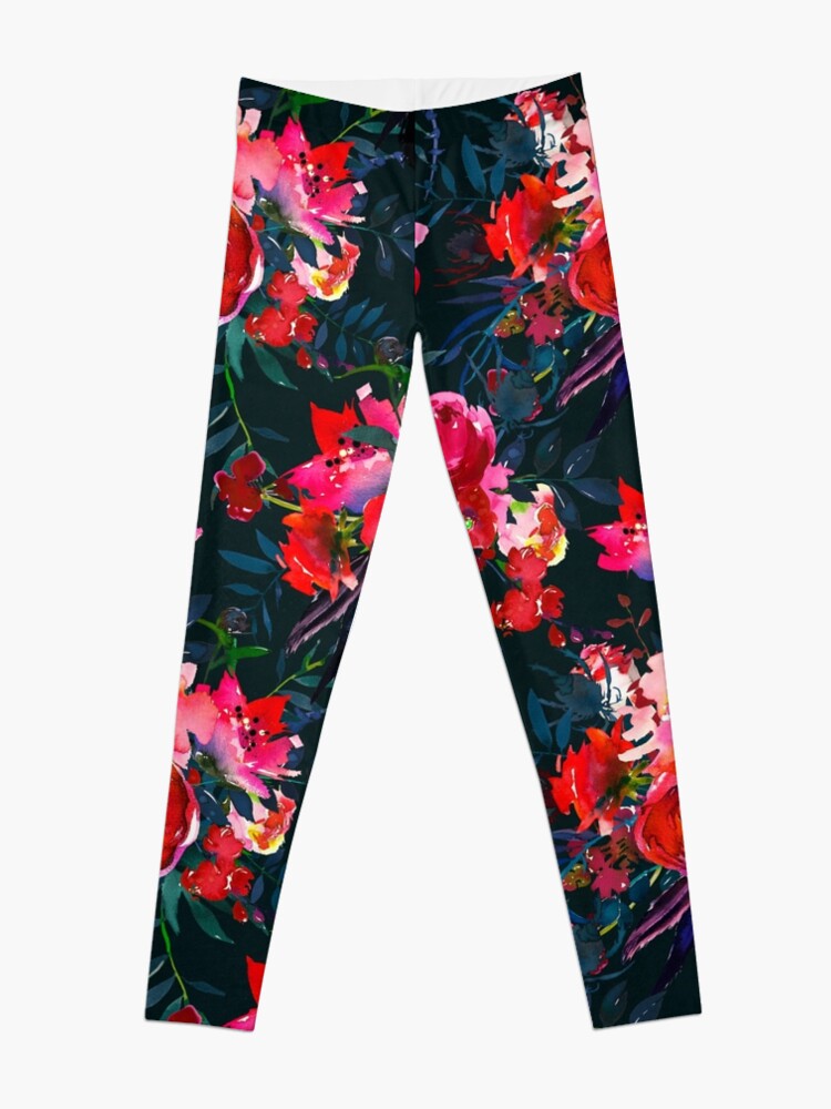 Alternate view of Neon pink fuschia black watercolor modern floral Leggings
