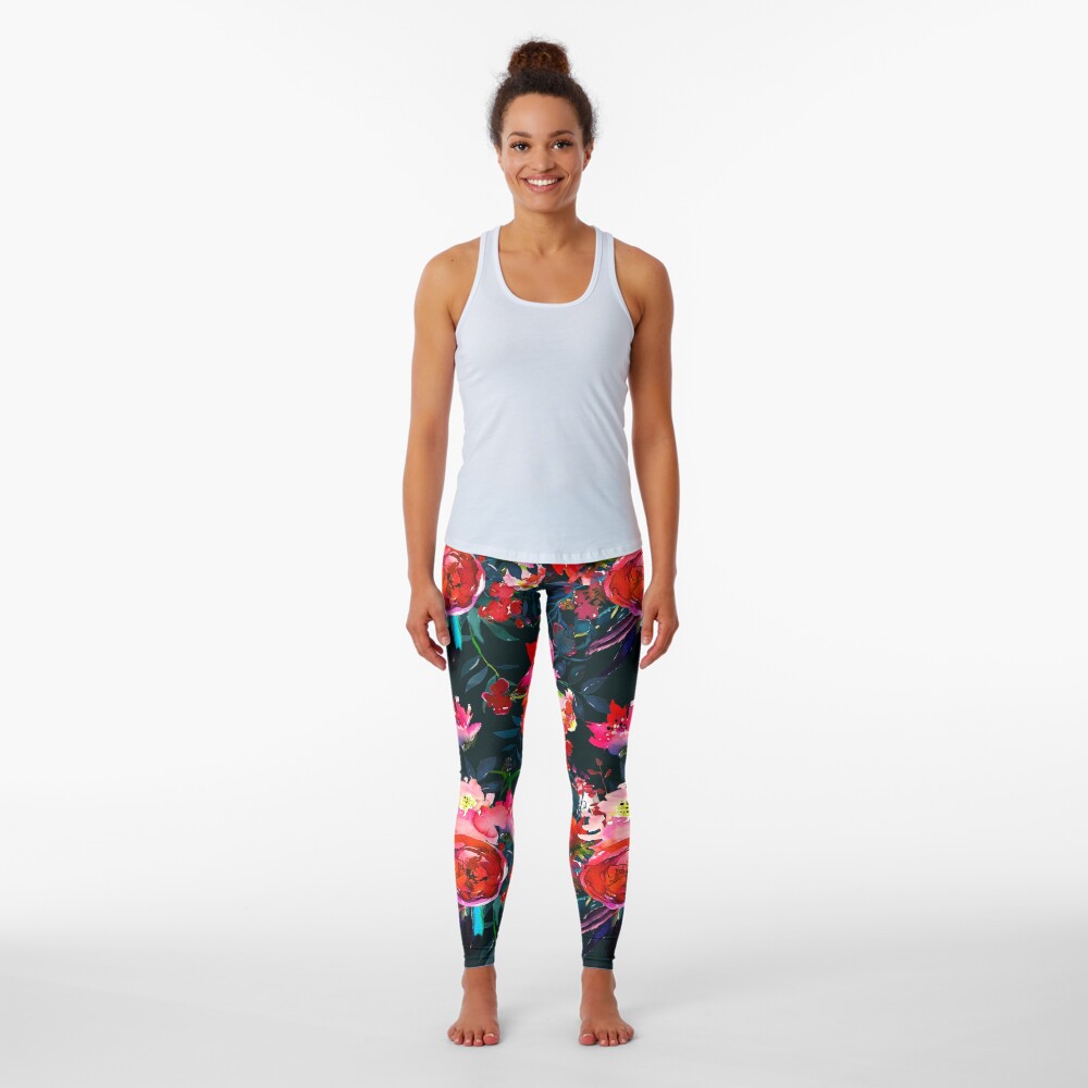 Neon pink fuschia black watercolor modern floral Leggings