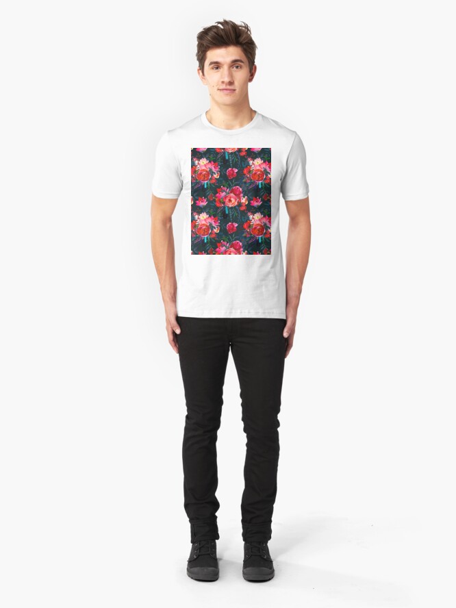 Alternate view of Neon pink fuschia black watercolor modern floral Slim Fit T-Shirt