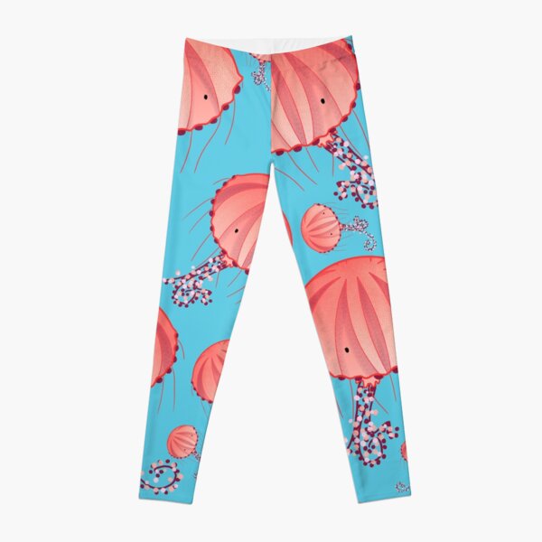 Compass Jellyfish Chrysaora Hysoscella jellyfish illustration with pattern of pink jellyfishes on baby blue background Leggings