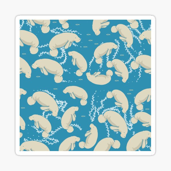 Lamentino the manatee pattern - lots and lots of manatees on teal blue background with yellow fishes and seaweeds Sticker
