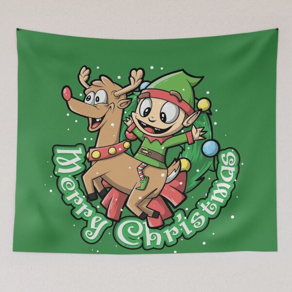 Item preview, Elf Riding A Red Nose Reindeer In Front Of A Decorated Christmas Wreath designed and sold by swiftyspade.